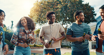 Buy stock photo Happy people, friends and celebration with beer in backyard for social connection or bonding. Excited, group or laughing with smile, alcohol or drink for fun BBQ, gathering or outdoor get together