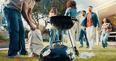 Buy stock photo Man, friends and grill for bbq outdoor to start fire, new years party and social gathering. Person, wood and prepare barbecue for lunch reunion, setup flame and bonding activity in backyard at house