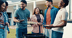 Friends, people and happy for barbecue at house, social gathering or reunion with laugh and food outdoor. Group, men and women with funny conversation, preparing meal for bbq and bonding in backyard