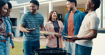 Buy stock photo Friends, people and happy for barbecue at house, social gathering or reunion with laugh and food outdoor. Group, men and women with funny conversation, preparing meal for bbq and bonding in backyard