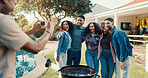 Barbecue, people and picture of friends with hug at party, laughing and new year celebration. Photo, social gathering and group at bbq together, excited or bonding with camera at home backyard