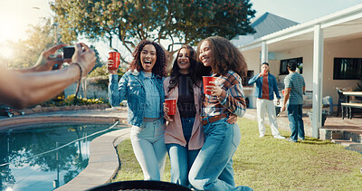 Buy stock photo Barbecue, drinks and picture of friends with women at party, laugh and celebration. Photo, social gathering or group at bbq with alcohol, excited or bonding together by pool at home backyard