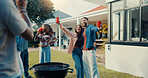 Barbecue, drinks and picture of couple of friends at party, laugh and new year celebration. Photo, man and woman at bbq with alcohol, excited or bonding together at home backyard for social gathering