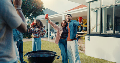 Buy stock photo Barbecue, drinks and picture of couple of friends at party, laugh and new year celebration. Photo, man and woman at BBQ with alcohol, excited or bonding together at home backyard for social gathering
