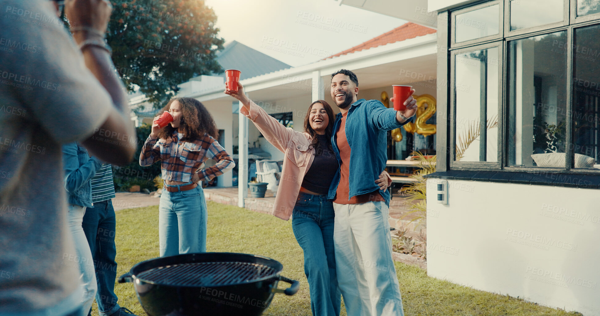 Buy stock photo Barbecue, drinks and picture of couple of friends at party, laugh and new year celebration. Photo, man and woman at BBQ with alcohol, excited or bonding together at home backyard for social gathering