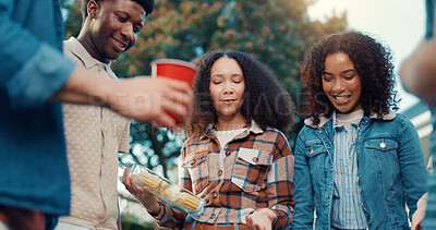 Buy stock photo Woman, alcohol and friends with barbecue for event, smile and party with food in backyard. Girls, men and group with cooking, celebration or reunion for social gathering with birthday bbq in garden