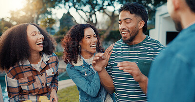 Buy stock photo Friends, backyard and people at party laughing for bonding, relax and fun conversation on weekend. Happy, outdoor and men with women in garden for bbq celebration, social gathering and reunion