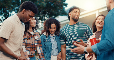 Buy stock photo Happy, backyard and friends at party talking for bonding, relax and fun conversation on weekend. Hangout, communication and men with women outdoor for celebration, social gathering and reunion