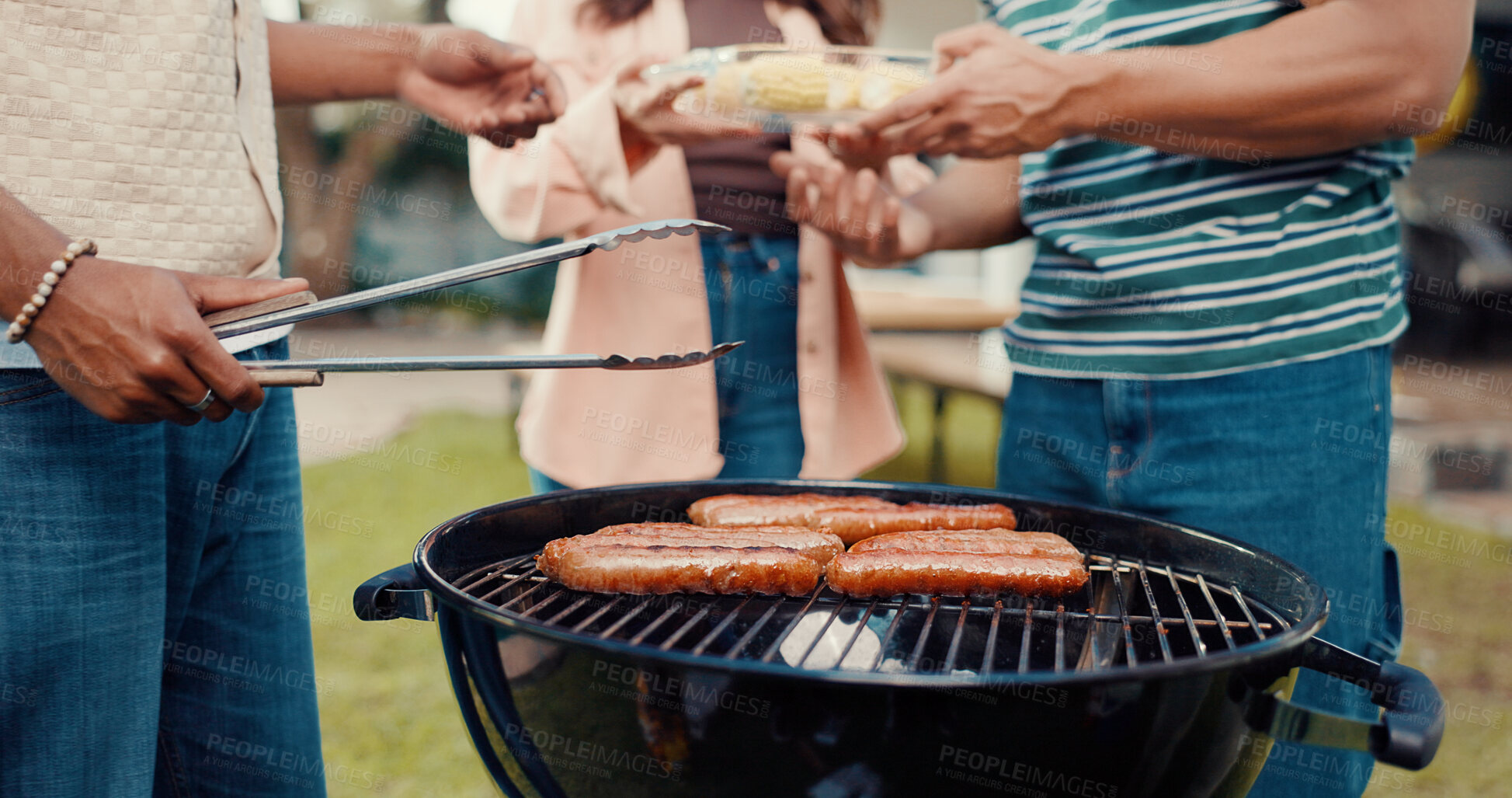 Buy stock photo Hands, man and bbq food on grill with meal prep, grilled sausage and cooking for social gathering. Friends, tong and barbecue meat on heat for lunch, cookout event and party reunion in house outdoor