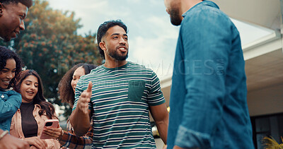 Buy stock photo Friends, backyard and people at party talking for bonding, relaxing and fun conversation on weekend. Happy, outdoor and men with women hangout in garden for celebration, social gathering and reunion