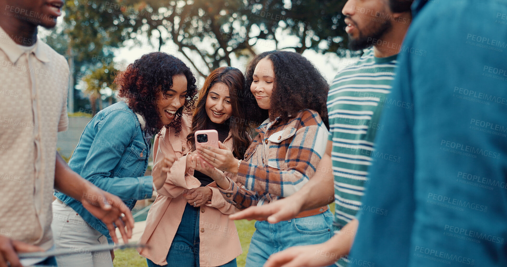 Buy stock photo Woman, phone and friends at barbecue with event, smile and party with post on web in backyard. Girls, men and group with smartphone, recording video or excited for social gathering with bbq in garden