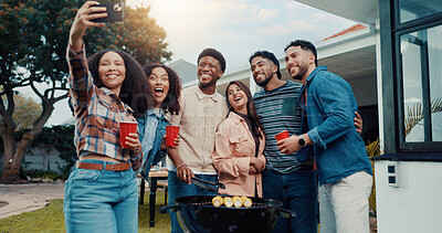 Buy stock photo Bbq, people and selfie of friends at party, laugh or grill corn for new year celebration with drinks. Picture, food or excited group at barbecue, outdoor or hug for social media post at home backyard