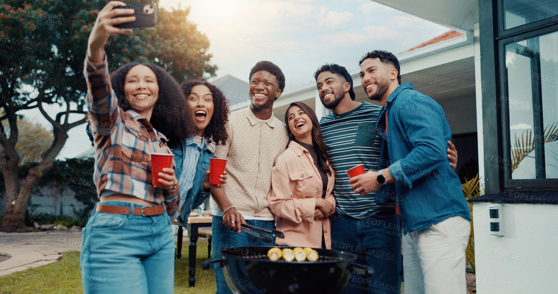 Buy stock photo Bbq, people and selfie of friends at party, laugh or grill corn for new year celebration with drinks. Picture, food or excited group at barbecue, outdoor or hug for social media post at home backyard