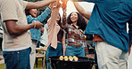 BBQ, friends or cheers drinks outdoor for reunion celebration, social event or bonding at grill. Happy, group of people or alcohol toast in backyard for weekend gathering, hangout together or cookout