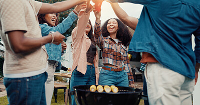 Buy stock photo BBQ, friends or cheers drinks outdoor for reunion celebration, social event or bonding at grill. Happy, group of people or alcohol toast in backyard for weekend gathering, hangout together or cookout