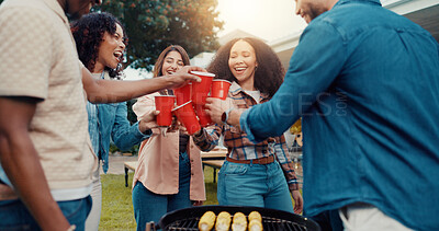 Buy stock photo BBQ, grill or friends cheers with drinks outdoor for reunion celebration, social event or cookout. Happy, group of people or alcohol toast in backyard for weekend gathering, bonding together or relax