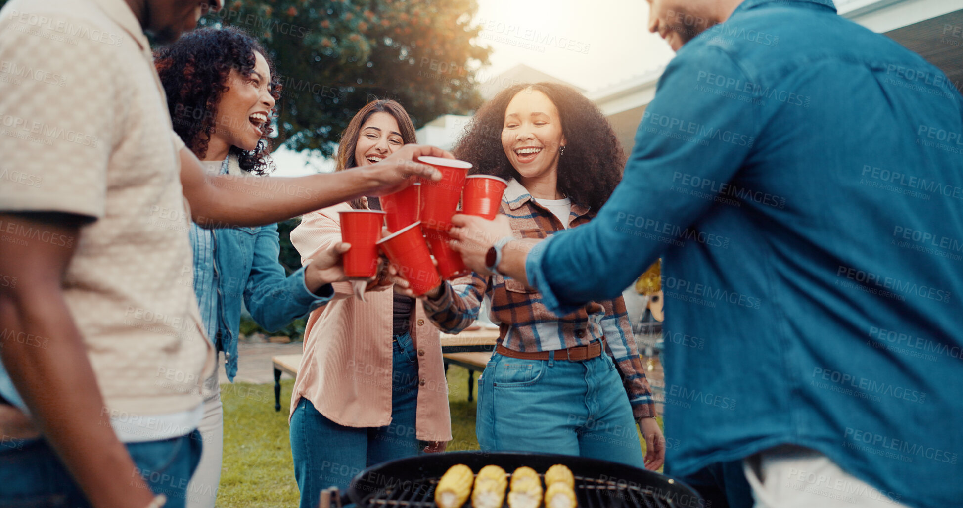 Buy stock photo BBQ, grill or friends cheers with drinks outdoor for reunion celebration, social event or cookout. Happy, group of people or alcohol toast in backyard for weekend gathering, bonding together or relax