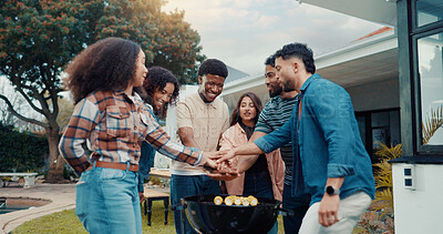 Buy stock photo Group, people and hands stack for bbq outdoor of celebration, summer holiday and bonding, Happy, friends and party with barbecue food on grill at house for social gathering, reunion and cookout event