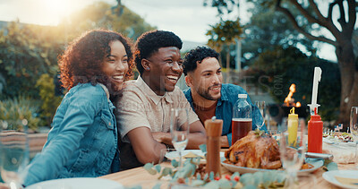 Buy stock photo Group, photo and friends at barbecue with event, smile and party with reunion vacation in backyard. Girls, men and celebration with turkey, holiday or excited for social gathering with BBQ in garden