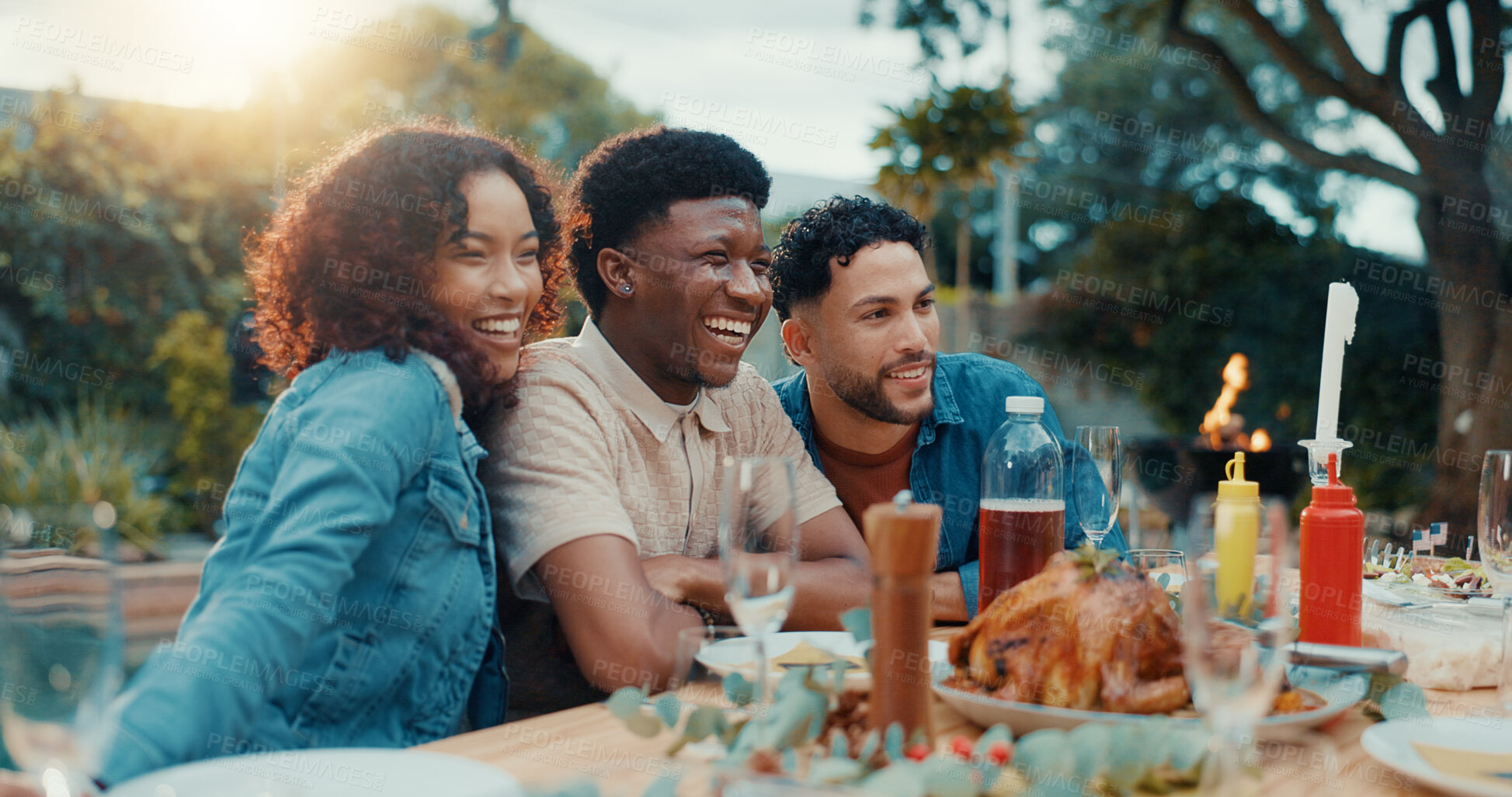 Buy stock photo Group, photo and friends at barbecue with event, smile and party with reunion vacation in backyard. Girls, men and celebration with turkey, holiday or excited for social gathering with BBQ in garden