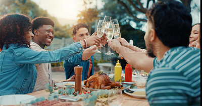 Buy stock photo Outdoor, lunch and friends cheers with champagne for reunion party, social event and celebration. Food, group of people and toast drinks at BBQ for backyard brunch, weekend break and hangout together
