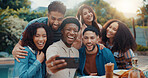 Group, selfie and friends at barbecue with event, smile and party with post on web in backyard. Girls, men and celebration with turkey, holiday or excited for social gathering with bbq in garden