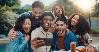 Buy stock photo Group, selfie and friends at barbecue with event, smile and party with post on web in backyard. Girls, men and celebration with vacation, holiday or excited for social gathering with BBQ in garden