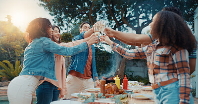 Buy stock photo Happy, group and champagne at party, cheers or celebration for reunion, meal or friends with alcohol. Excited, people and liquor for toast on social gathering, backyard and food for hangout and break