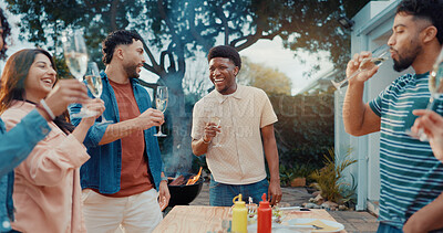 Buy stock photo Friends, toast and champagne with lunch outdoor for conversation, bonding and social gathering. Thanksgiving celebration, people and happy together with alcohol for holiday reunion and weekend break