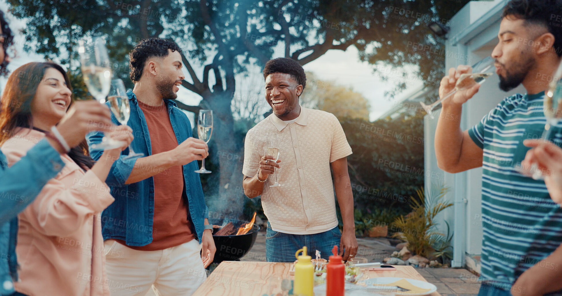 Buy stock photo Friends, toast and champagne with lunch outdoor for conversation, bonding and social gathering. Thanksgiving celebration, people and happy together with alcohol for holiday reunion and weekend break