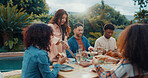 Friends, share and discussion with lunch outdoor for conversation, bonding and social gathering. Thanksgiving celebration, people and happy together with eating for holiday reunion and weekend break