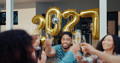 Buy stock photo New Year, reunion and people at party, cheers or friends together for celebration or festive season. House, gathering and group with alcohol to welcome 2027, toast and balloon decoration on holiday