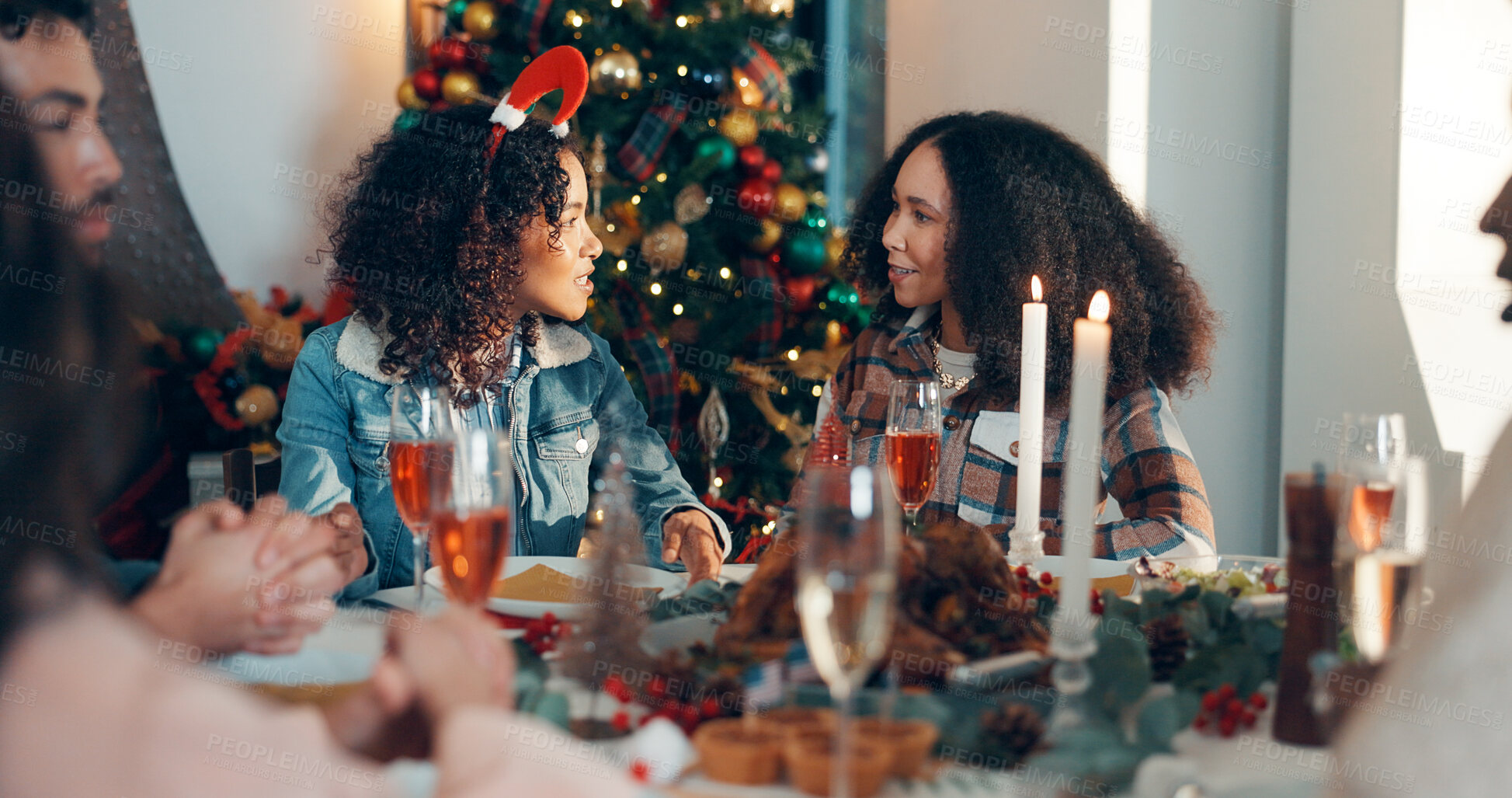 Buy stock photo People, friends and talk with food for Christmas holiday with festive lunch, celebration and tradition. Women, chat and dining table for social gathering, buffet reunion and bonding together at house