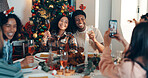 Cheers, champaign and friends with phone for christmas celebration, festive reunion and social media post. Holiday, people and photography for bonding with xmas, profile picture and memory at house