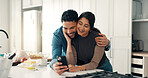 Happy couple, hug and phone in kitchen for social media, picture memories and love post on app. Man, laugh and woman in home with mobile, meme and update relationship status in online marriage blog