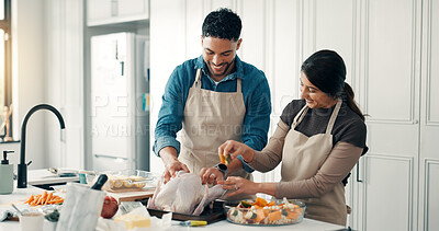 Buy stock photo Cooking, chicken and couple in kitchen in house for bonding, connection or preparing meal together. Love, ingredients and man with woman for health, wellness or diet dinner for nutrition in apartment