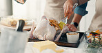 People, hands and chicken with brush in kitchen for thanksgiving recipe or meal prep in home. Couple, chef or preparation with turkey, sauce or ingredients for marinade, flavor or seasoning in house