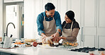 Cooking, happy and couple in kitchen in home for bonding, connection or preparing meal together. Chicken, ingredients and man with woman for health, wellness or diet dinner for nutrition in apartment