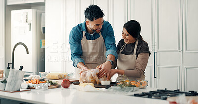 Buy stock photo Cooking, turkey and couple in kitchen in home for bonding, connection or preparing meal together. Happy, ingredients and man with woman for health, wellness or diet dinner for nutrition in apartment