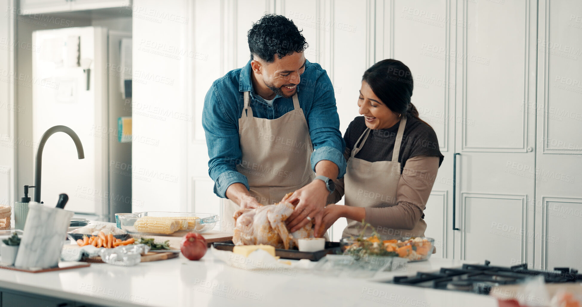 Buy stock photo Cooking, turkey and couple in kitchen in home for bonding, connection or preparing meal together. Happy, ingredients and man with woman for health, wellness or diet dinner for nutrition in apartment
