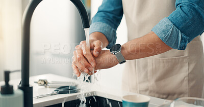 Buy stock photo Person, water and washing hands in kitchen for hygiene, germ removal and disinfection for care. Man, faucet and cleaning in home for safety routine, good habit and bacteria prevention at sink
