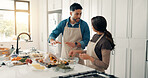 Cooking, talk and couple in kitchen in home for bonding, connection or preparing meal together. Chicken, ingredients and man with woman for healthy, wellness or diet dinner for nutrition in apartment