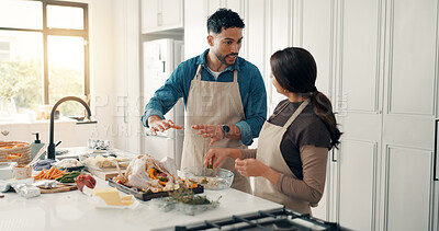 Buy stock photo Cooking, talk and couple in kitchen in home for bonding, connection or preparing meal together. Chicken, ingredients and man with woman for healthy, wellness or diet dinner for nutrition in apartment