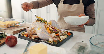 Buy stock photo Hands, chicken and meal prep with sauce in kitchen for thanksgiving recipe or marinade in home. Stuffed turkey, person and preparation with vegetables or ingredients for flavor or seasoning in house