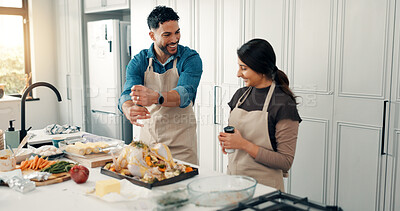 Buy stock photo Cooking, smile and couple in kitchen with turkey for meal prep, supper and festive lunch. Thanksgiving, food and man with woman with ingredients, recipe and meat for nutrition, dish or dinner in home