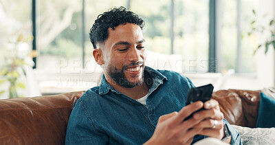 Buy stock photo Man, relax and typing with phone for sofa, scroll social media and reading notification in home. Cellphone user, connection and search website, download digital app or mobile ebook in living room