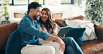 Happy, couple and relax with tablet at house for social media, reading funny meme and bonding. Smile, people and digital for streaming film, comedy movie and entertainment subscription in living room