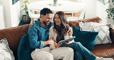 Buy stock photo Above, couple and relax with tablet at house for social media, reading funny meme and bonding. Happy, people and digital for streaming film, comedy movie and entertainment subscription in living room