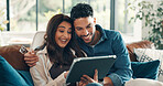 Smile, couple and relax with tablet at house for social media, reading funny meme and bonding. Happy, people and digital for streaming film, comedy movie and entertainment subscription in living room