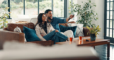 Buy stock photo Relax, sofa and couple watching tv in home for bonding, connection or date together on weekend. Happy, remote and man with woman in living room for streaming movie, film or show in apartment.